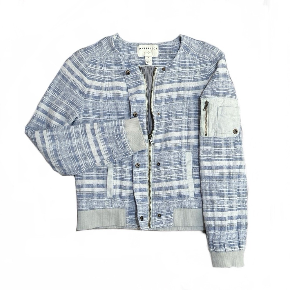 Marrakech Anthropologie Felina Blue Tweed Boucle Bomber Jacket Preppy Size XS